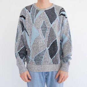 Vintage Club Europe Gray Blue Abstract Diamond Textured Knit Sweater Large
